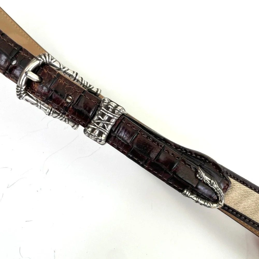 Brighton Womens Brown Croc Embossed Leather Canvas Belt Silver Buckle Size 32